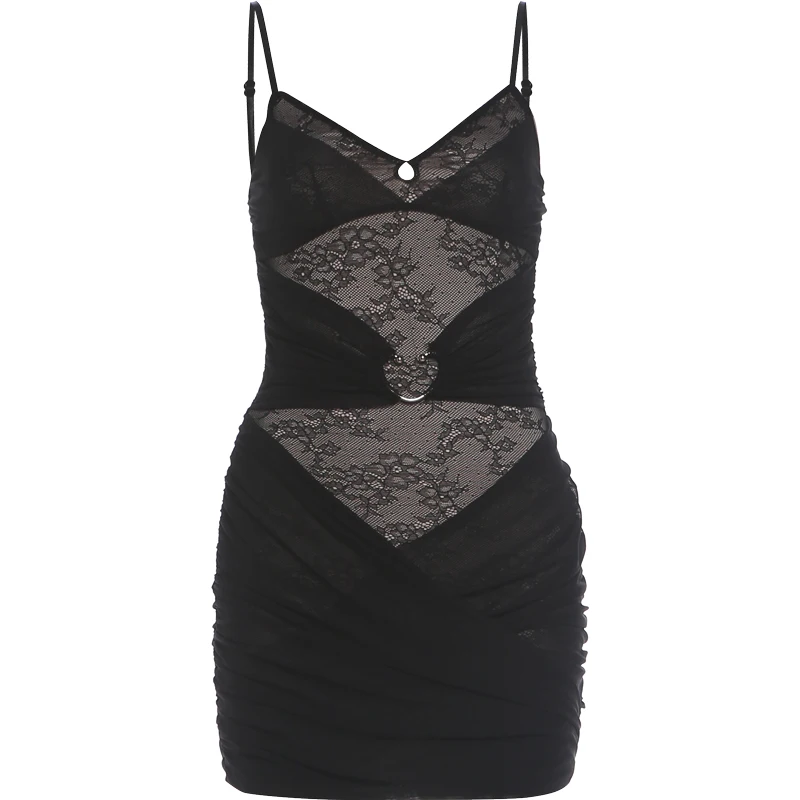 Weird Puss Hottie Partykleid Damen Sexy Jacquard Patchwork Hohlkreuz Raffung Tiefer Ausschnitt Ärmellos Mode Street Club Bodycon – Detail 2