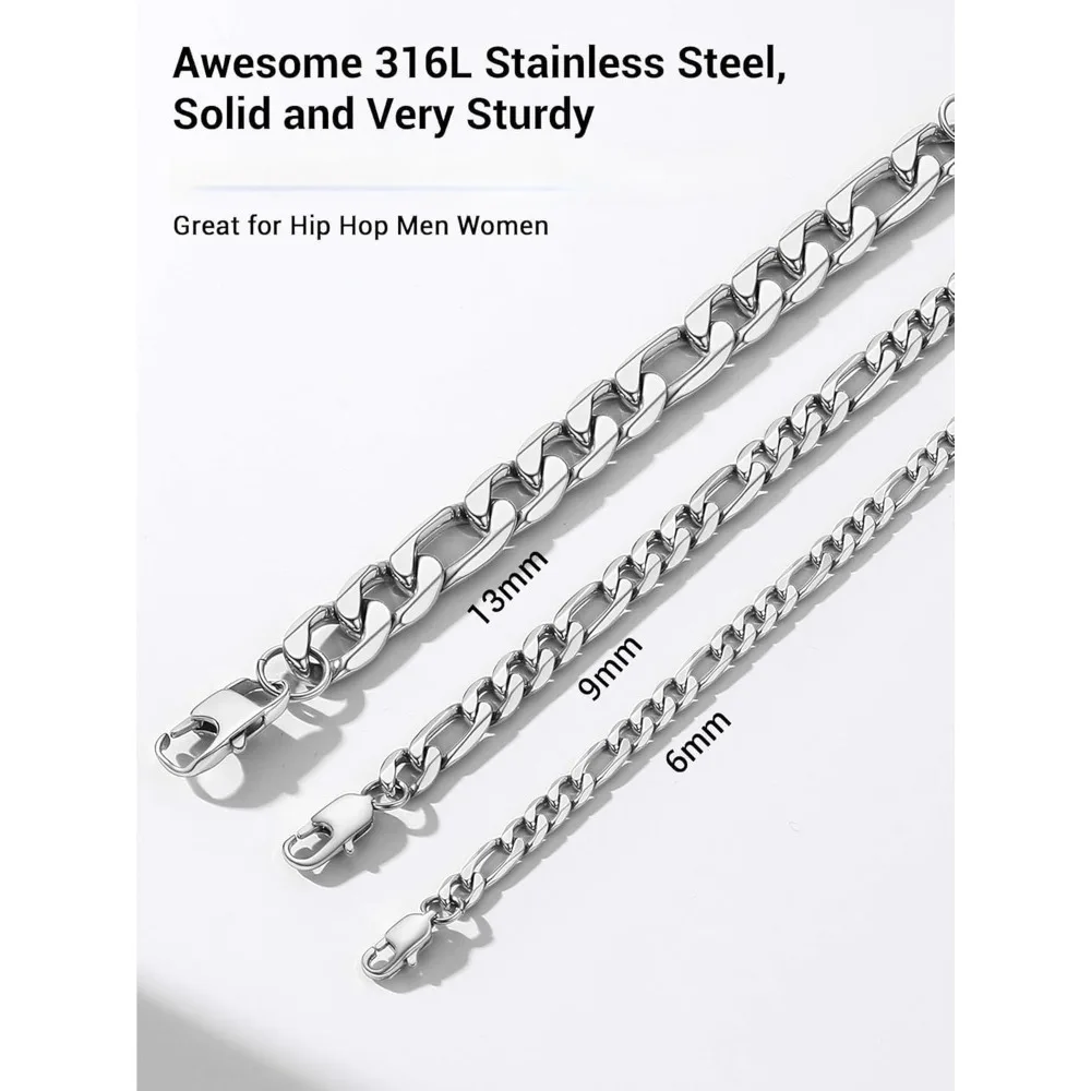 

316L Stainless Steel Bracelet for Men Stylish Figaro Chain Hypoallergenic Jewelry 6mm-13mm 7.5 to 8.3 Inch with Gift Box