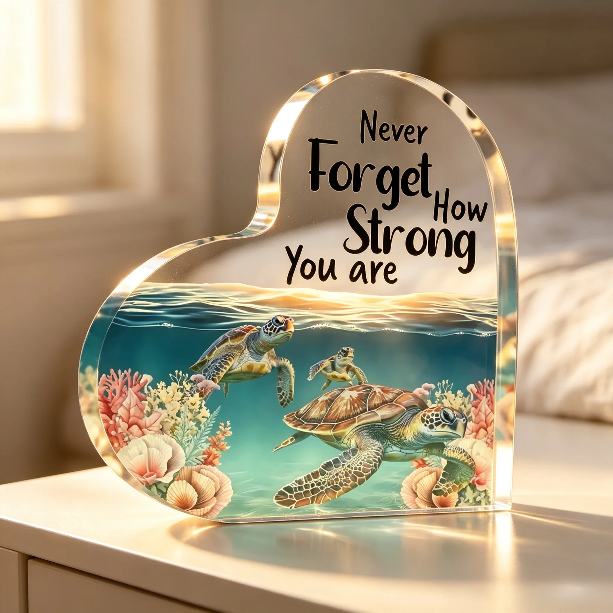 Heart Acrylic Desk Plaque Ocean Sea Turtle Coral Print Inspirational Never Forget How Strong You Are Decor