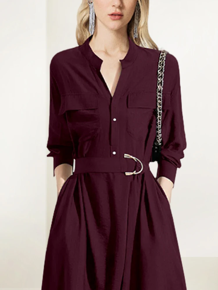 Französisch einfach elegant elegant V-Ausschnitt Langarm hoch taillierten Gürtel Slim Fit A-Linie Temperament Pendler Shirt langes Kleid für Frauen Herbst