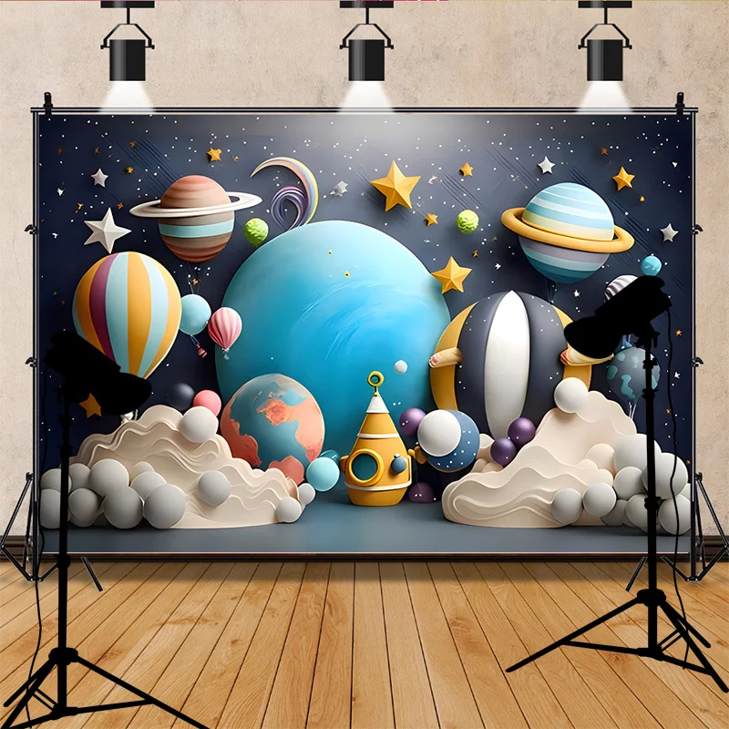 

Space Scene Planet Happy Birthday Photography Background Holiday Baby Children Party Balloons Photo Studio Backdrops VX-09