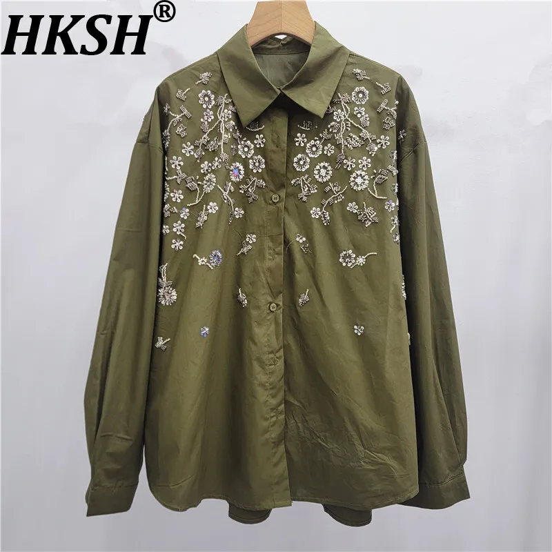 

HKSH Spring Autumn New Women Shirt Sequined Beaded Single Breasted Long Sleeves Turn-down Collar Elegant Blouse Ins Tops HK16485