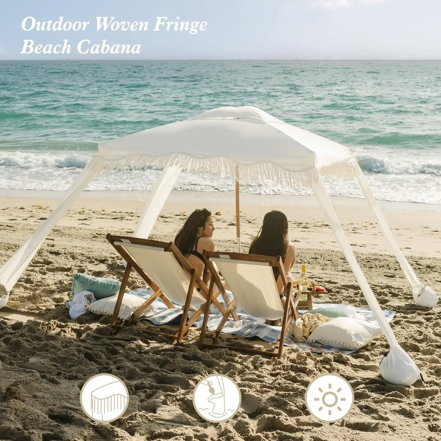 Beach Cabana with Fringe, 7' x 7' Boho Beach Canopy with Tassels, Easy Set up & Premium Wood Pole, Cabana Tent with Sand
