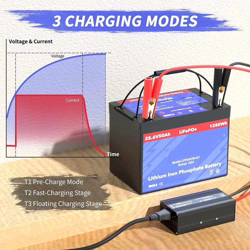 Lifepo4 리튬 충전기, 냉각 선풍기, 다중 보호 기능, 24V, 29.2V, 50A, 200V, 240V, 24V, 8S, Lifepo4 배터리