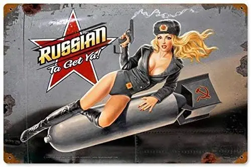 Retro Vintage Metal Plaque Sign Russian Nose Art Pin Up Girl for Home Bar Kitchen Pub Wall Decor Signs 12x8inch