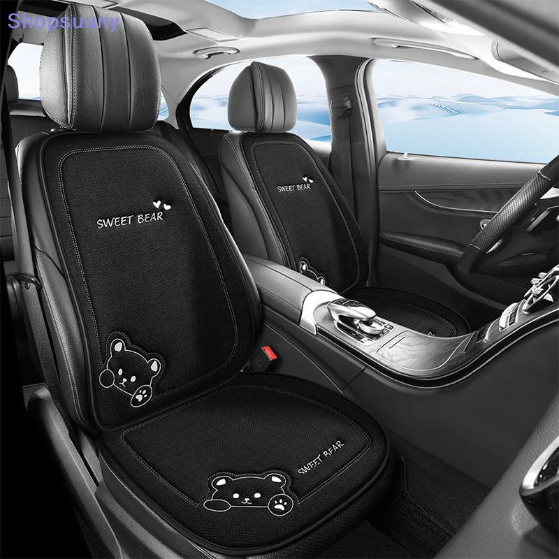 [SU]1Pcs Universal Linen Cartoon Bear Women's Anti-slip Breathable Car Seat Protect Cushion Cover Luxury Car Seat Cushion[SU]