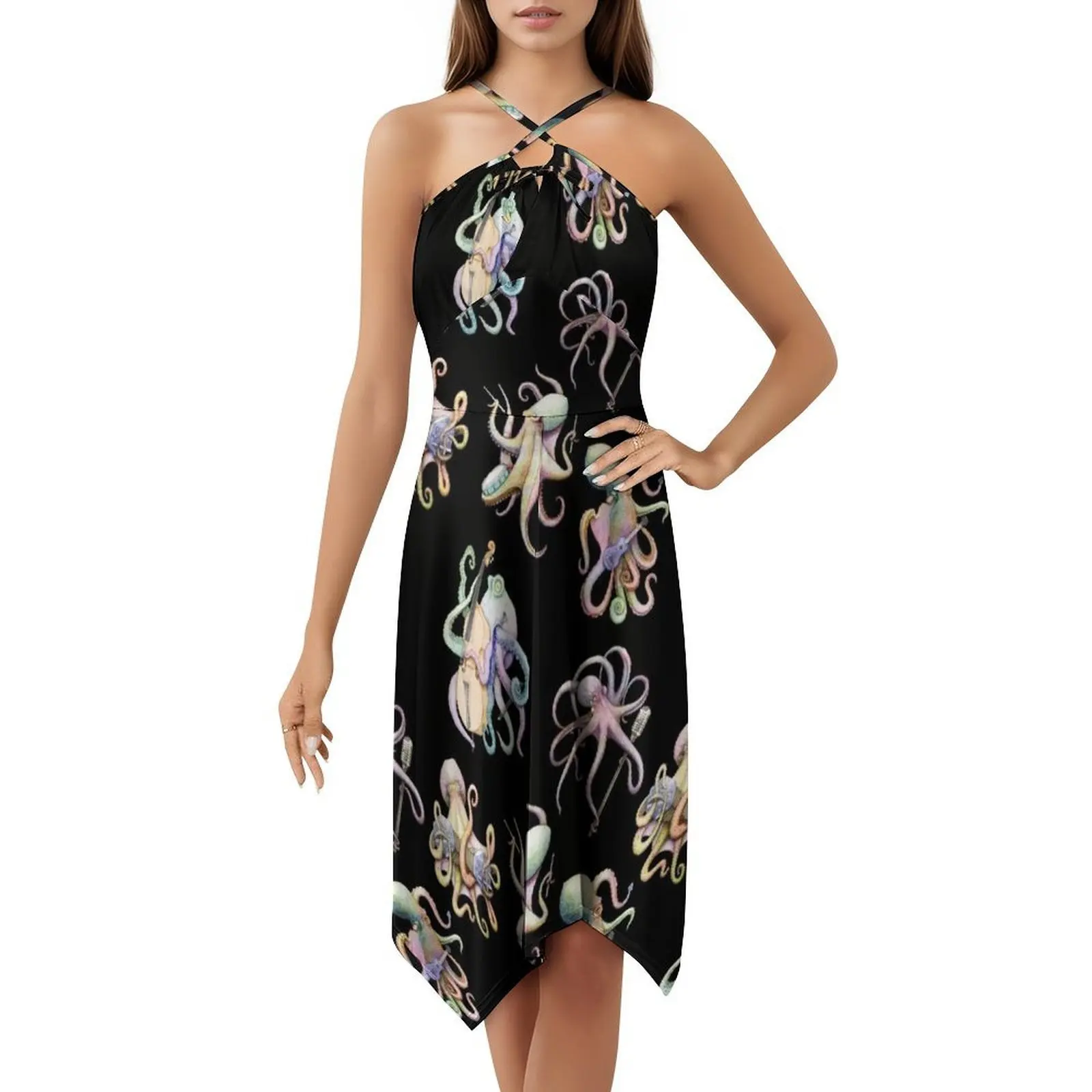 فستان كاجوال على الطراز الكوري باللون الأسود من The Sea Bed Band للنساء فساتين بسيطة يومية للمكتب للسيدات الأخطبوط الأخطبوط القيثارة Concertina