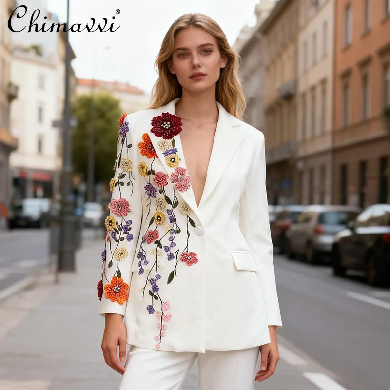 

American Style Fashion Commuter Suits Jackets 3D Floral Embroidery Beaded Single Button Slim Fit Elegant Women's Blazers Autumn