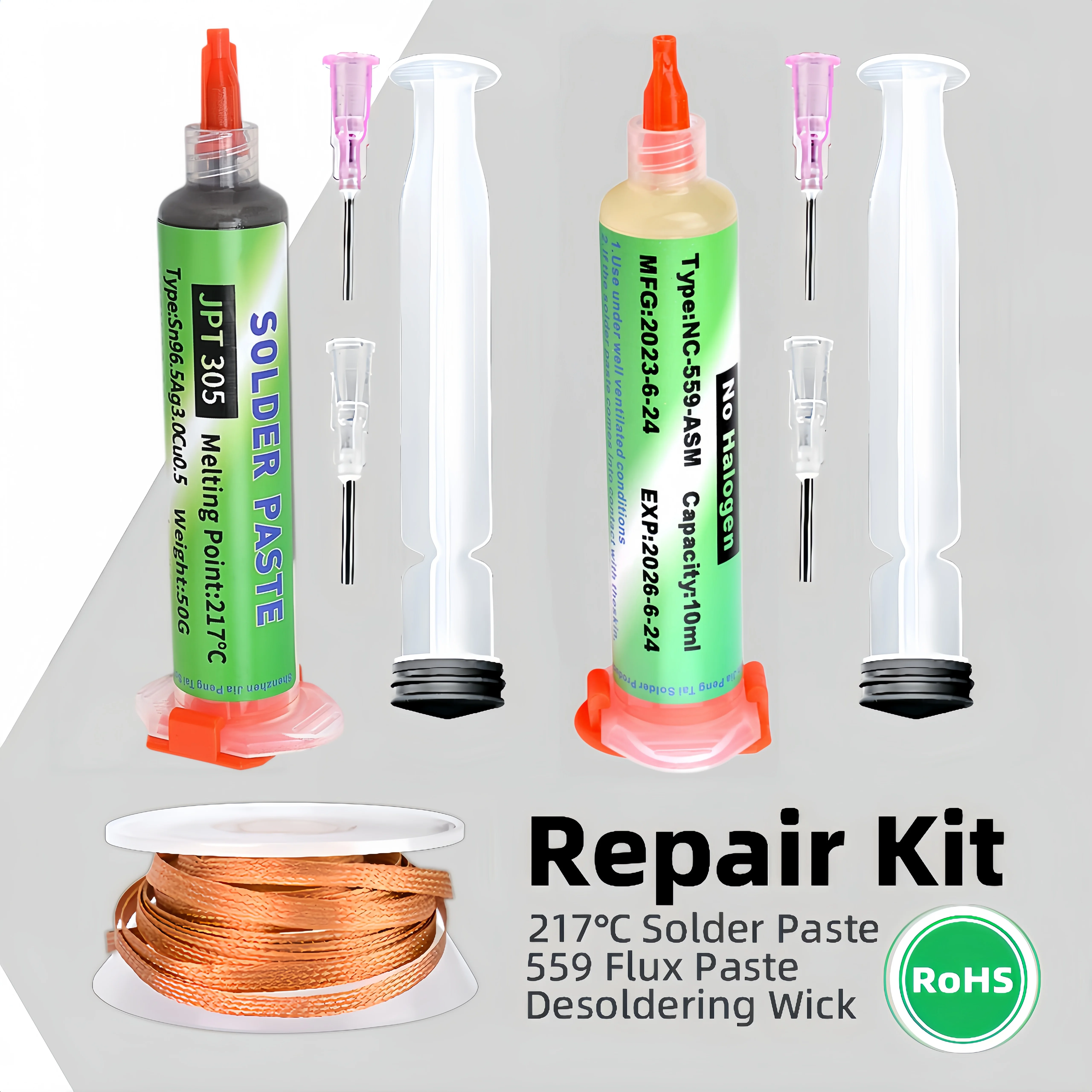 Sn96.5Ag3.0Cu0.5 Solder Paste 217℃ 10ml NC‑559 Repair Kit with Solder Cotton for BGA PCB Motherboard Chip Rework Soldering
