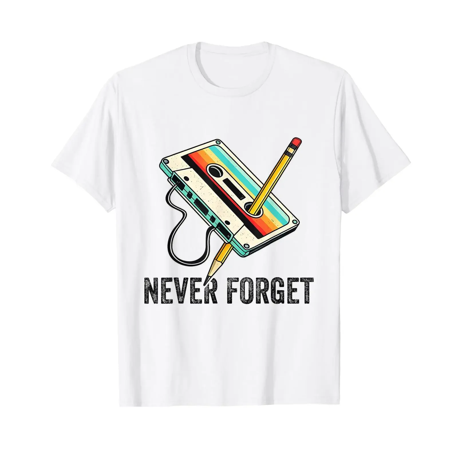 Never Forget Retro Cassette Tape and Pencil Rewind Design T Shirt vintage Washed Soft designer clothes graphic fashion homme