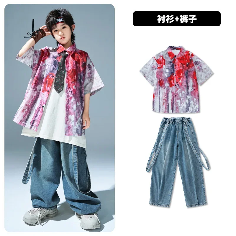 Kids Hip Hop Clothes Sets Tie Dyed Short Sleeve Shirt + Denim Pants Jeans Boys Street Dance Costume Girls Jazz Performance Suit