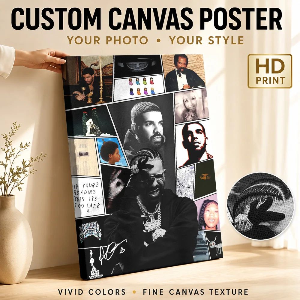 Drake Album Covers And Portraits Framed Canvas Poster Personalized Photo Layered Cutout Collage Wall Art For Recording Studio