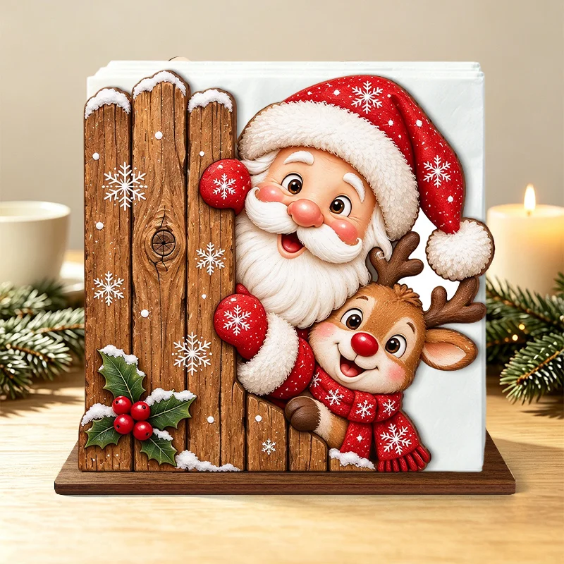 Christmas Santa Napkin Holder, Wooden Desktop Tissue Holder with Holly Berry Ornament and Peeking Santa & Deer