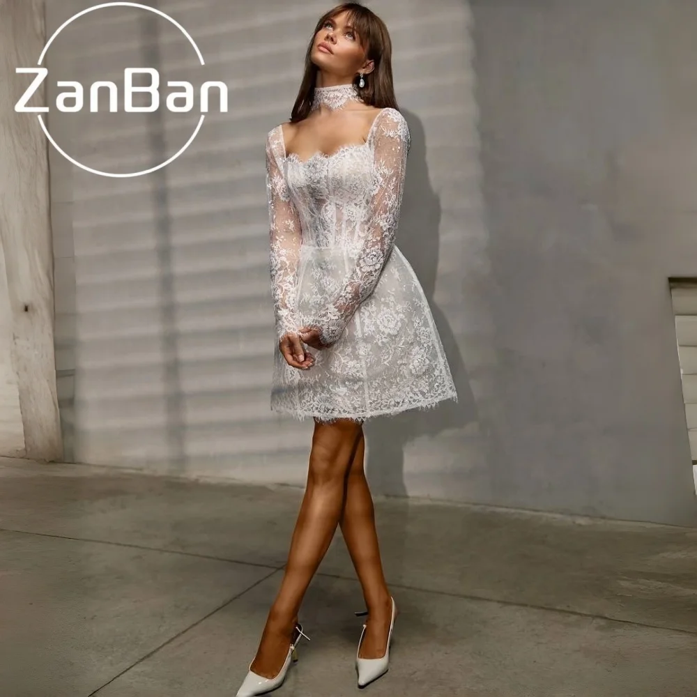 ZanBan Luxury Lace Weddings Dresses 2026 Bridal Long Sleeves Mini Squined Backless Bridal Gowns Short Robe De Mariée Customized