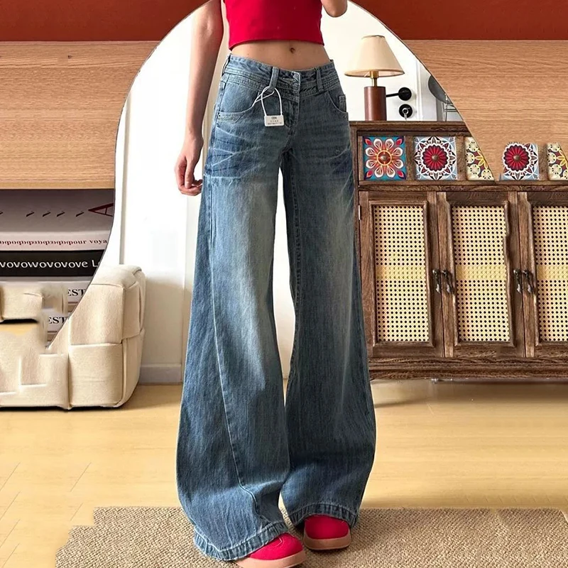 Coreano vintage cintura baixa jeans feminino streetwear perna larga calças jeans retas mulher 2026 primavera novas calças jeans soltas femininas