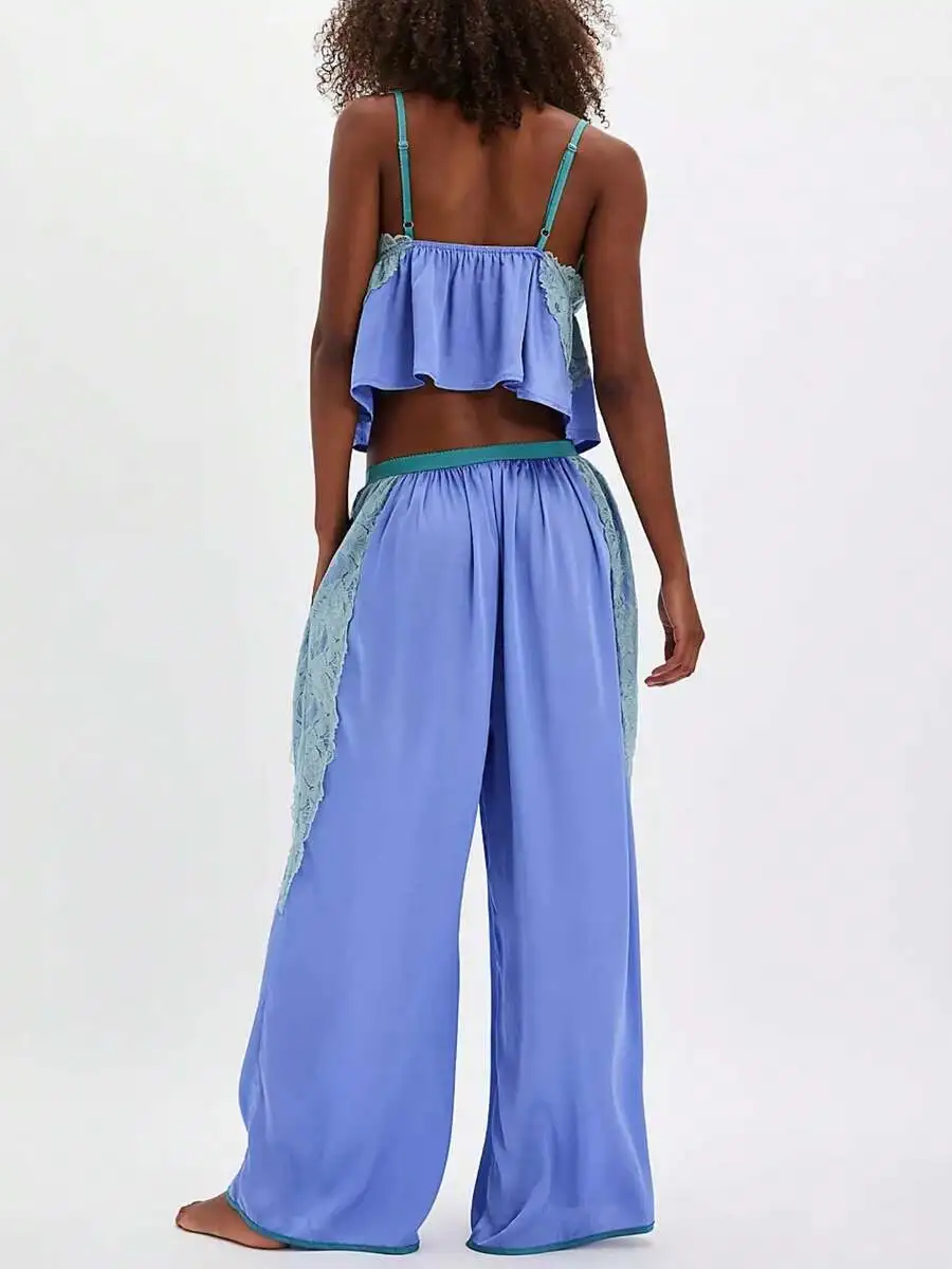 Womens Lace Satin Pajama Set Spaghetti Strap Ruffled Cami Top Loose Wide Leg Pants Loungewear Sleepwear