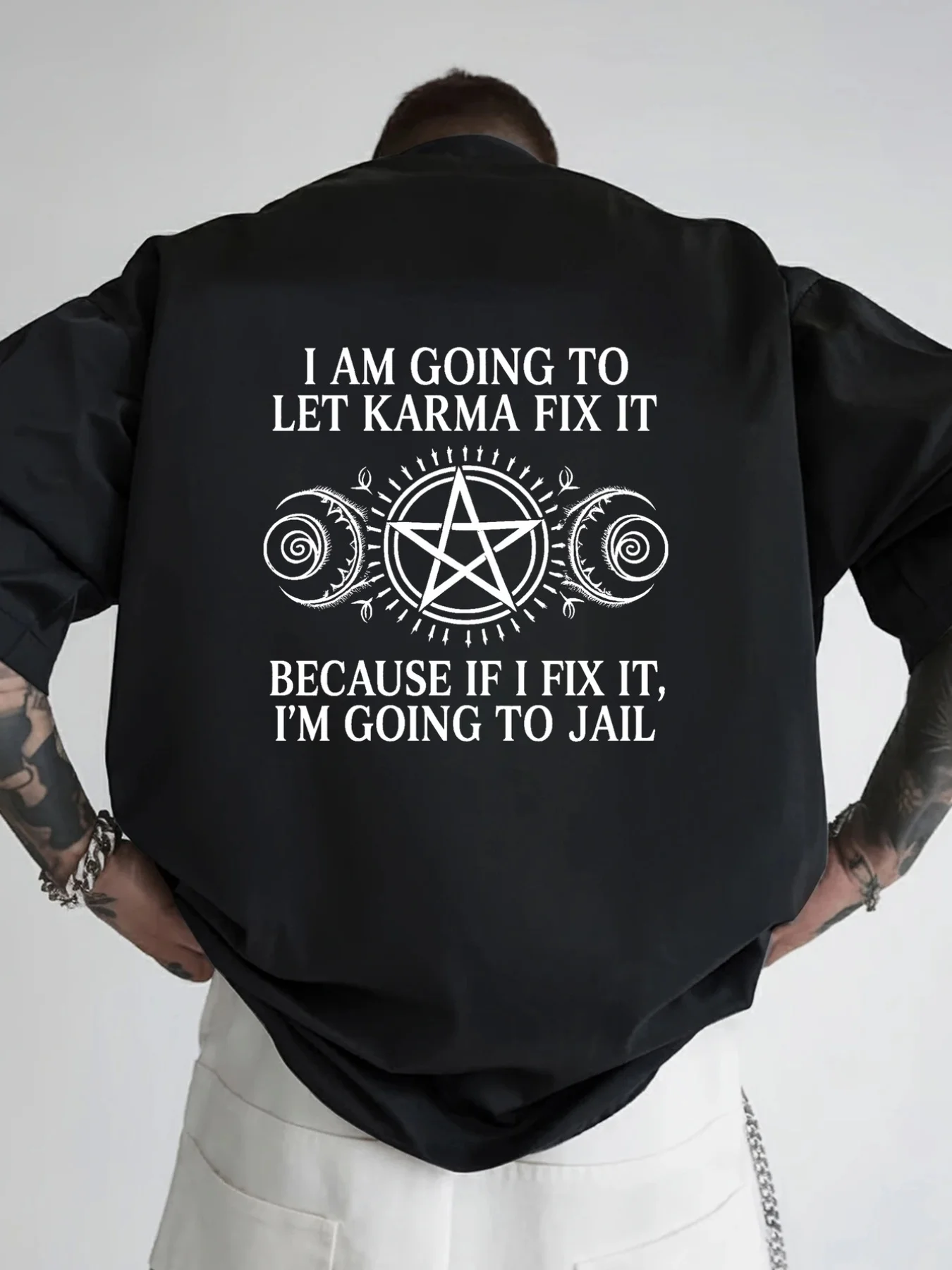 Karma Will Fix It Funny Witchcraft Pentagram Graphic Tee Men's Loose Fit Cotton T-Shirt Casual Trip Wear