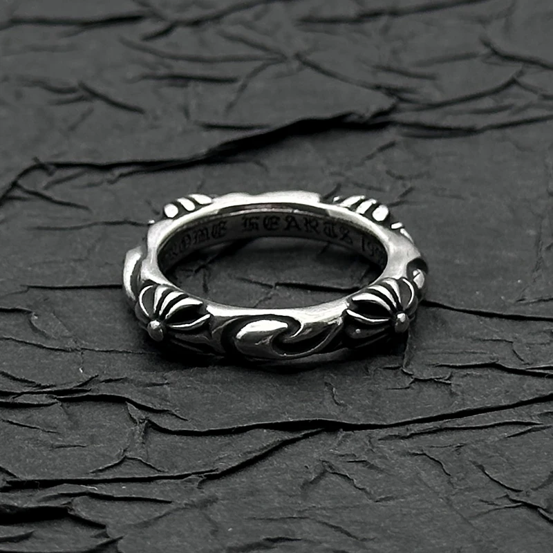 

S925 sterling silver retro totem pattern cross flower ring European and American men and women niche personality