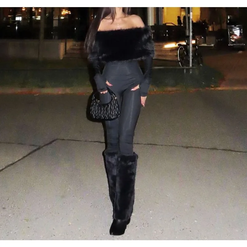 

Winter Supermodel Atmospheric Auto Show New Fashion Sexy One-word Shoulder Hair Splicing Slim Jumpsuit Domineering