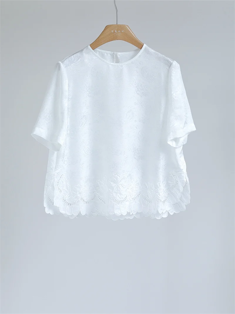 

Женский шелковый топ с вышивкой, модный, с круглым вырезом, коротким рукавом, прямого кроя, в винтажном китайском стиле