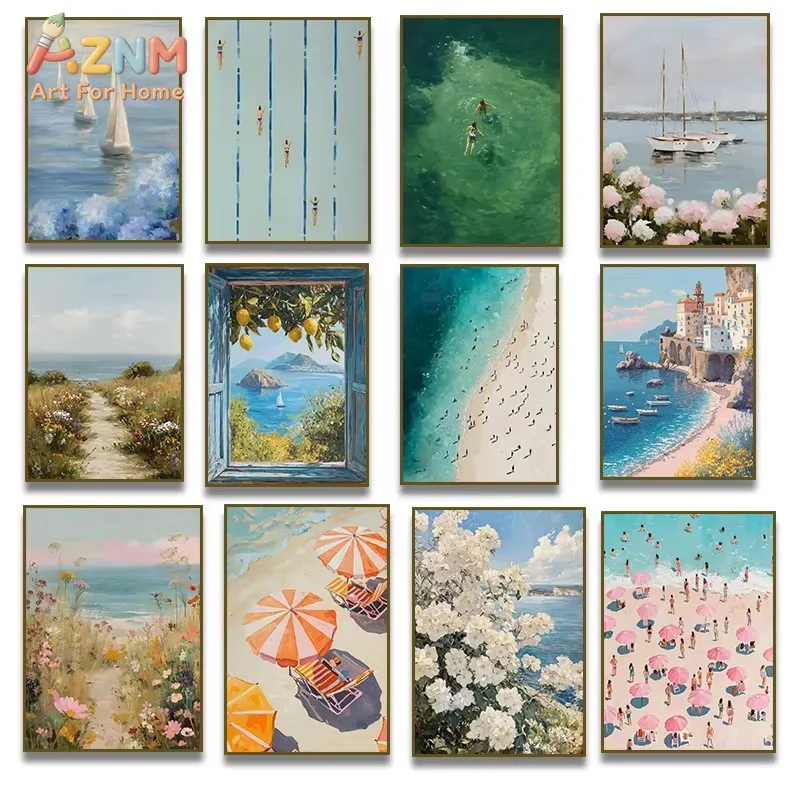 1PC Sailboats Coastal Hydrangeas Beach Umbrella Wildflower Poster Canvas Painting Print Wall Art Picture for Living Room Decor