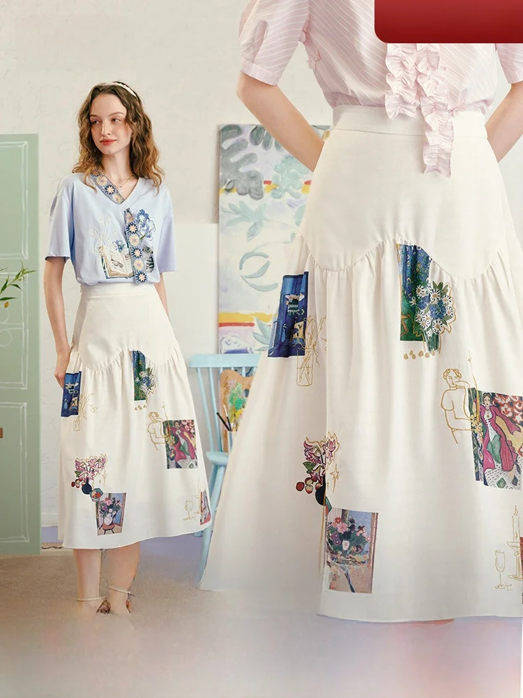 

Artistic Print Patchwork Embroidery High Waist A-Line Skirt Commute Polyester Fiber Casual High Waist Skirt