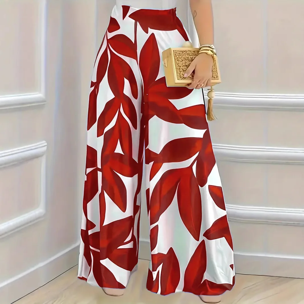 Boho Women's Pants Fashion Elegant Loose Wide-leg White And Blue Leaf Print Trousers Comfortable Casual Long Pant Women Clothing