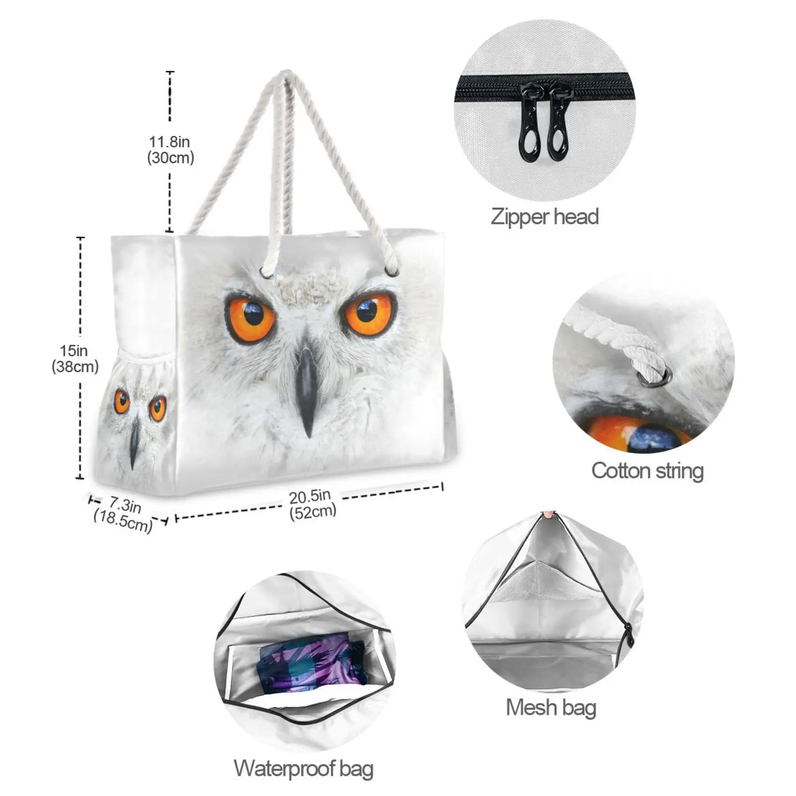 New Nylon Beach Tote Bags For Women white Large Capacity Owl print Simple Shoulder Ocean Style Handbag  Portable Dropship