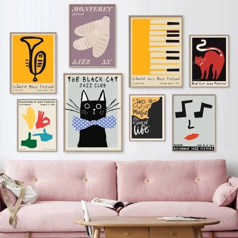 Music Jazz Festival Gramophone Saxophone Instrument Cat Art Posters Canvas Painting Wall Prints Picture Room Home Decor Cuadros