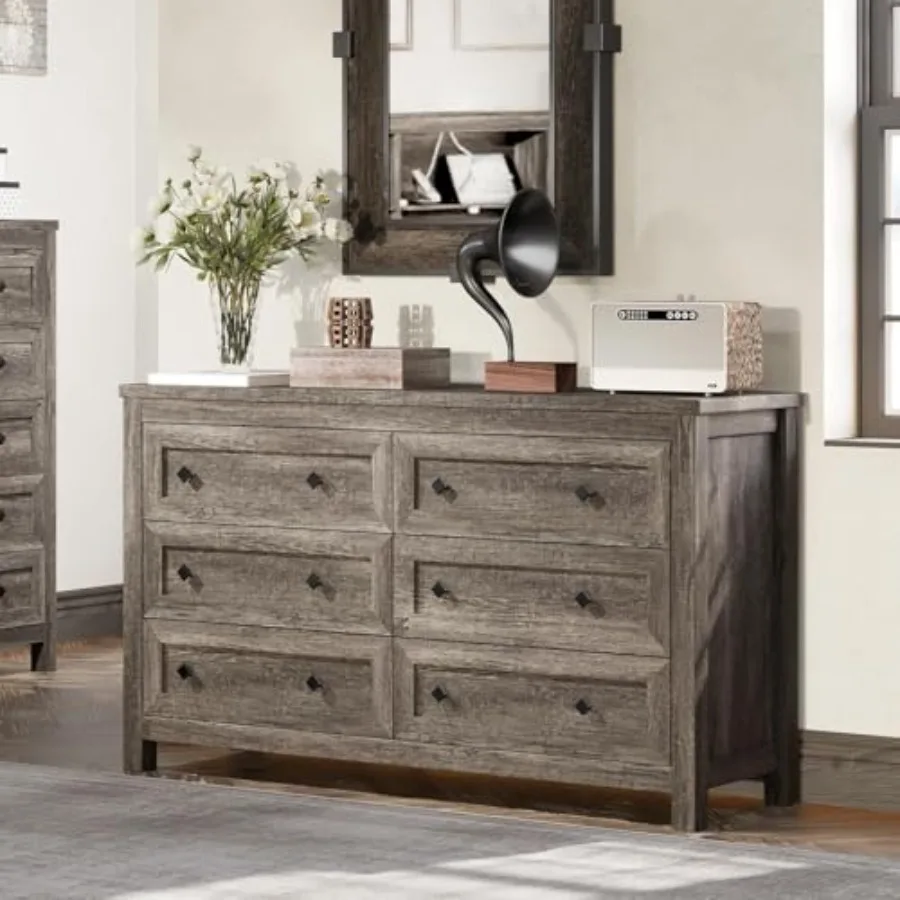 

54" Wood Dresser with 6 Drawers, Farmhouse Chest of Drawers and Storage Dresser for Bedroom Furniture, Wide Drawer Organizer fo