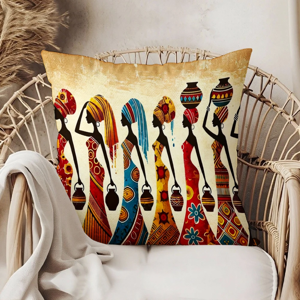 Square Throw Pillow Case Multicolor African Women Silhouette With Vases Pattern Boho Decor For Sofa Living Room Bedroom Home Dec