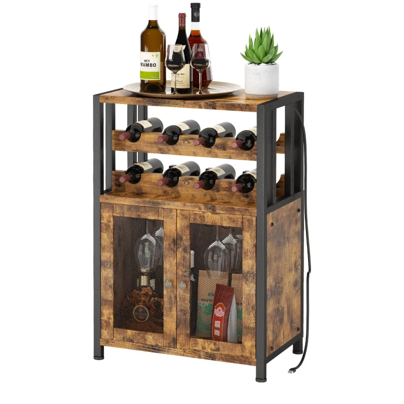 Wine Bar Rack Cabinet with Led Lights and USB Port, Industrial Coffee Bar Cabinet for Liquor and Glasses