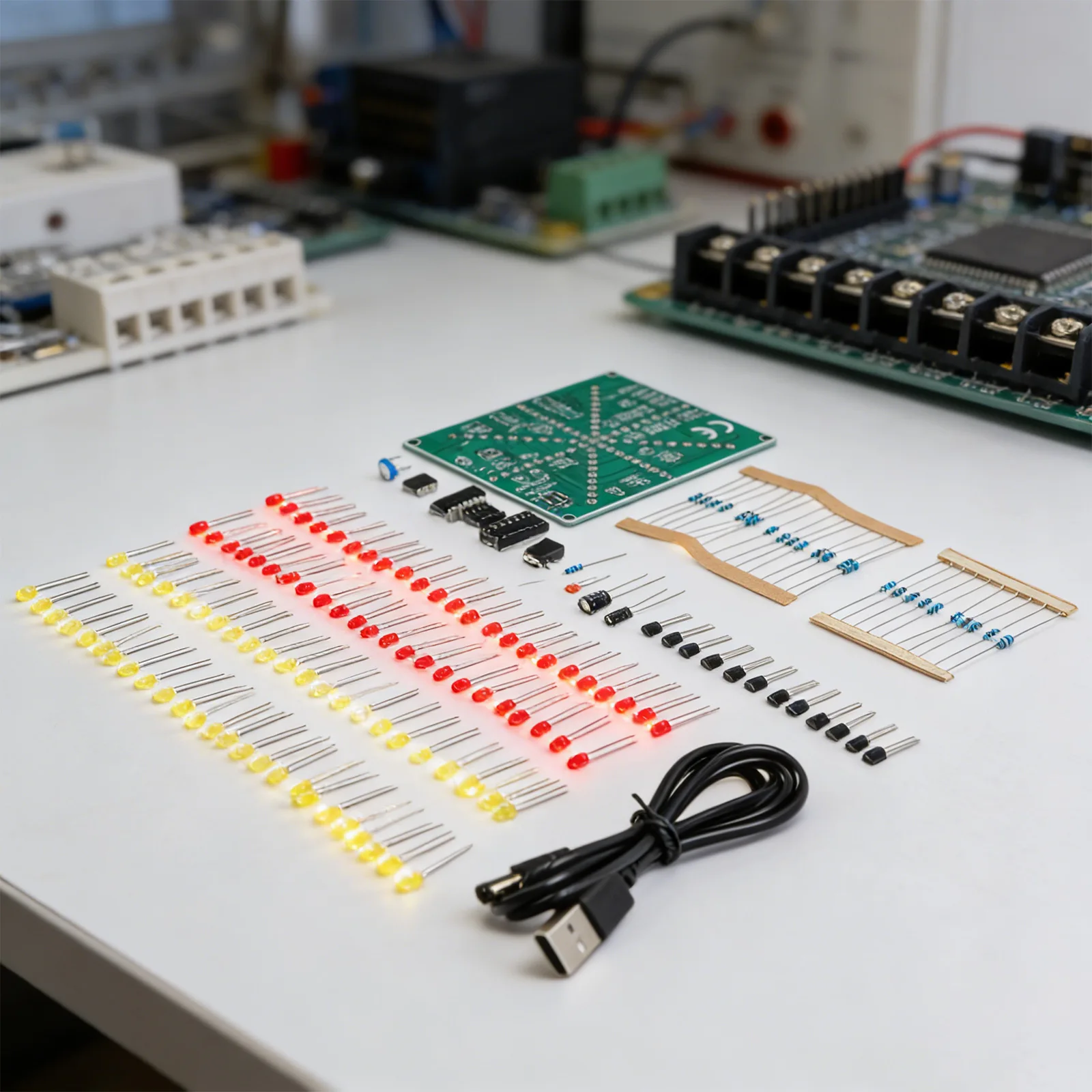 Electronic practice learning kit with NE555 CD4017 chips and dual color red yellow LEDs for soldering training and hobbyists