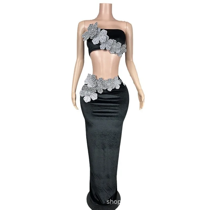 Borstomslag Driedimensionale bloemfluwelen splitpak Prestatiepak Zangeres High-end sfeervolle jaarvergaderingjurk