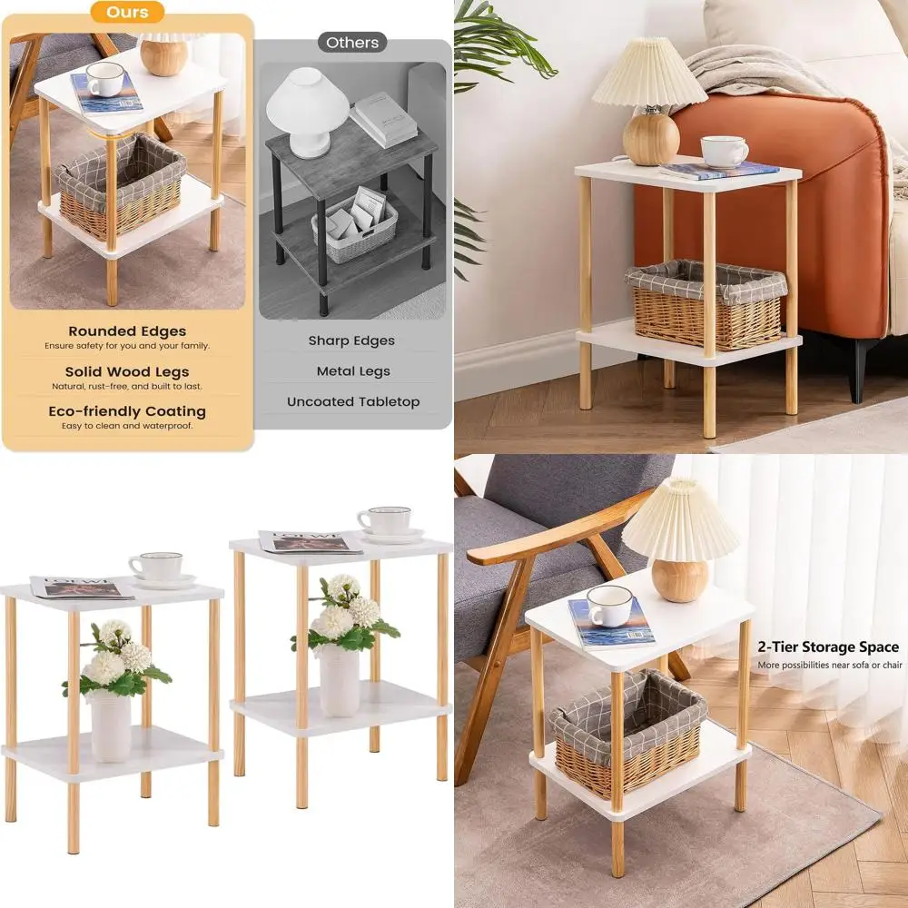 

Набор из 2-х маленьких приставных столиков с ножками из массива дерева, прикроватная тумбочка в стиле бохо для спален, гостиных и прихожих, белый цвет