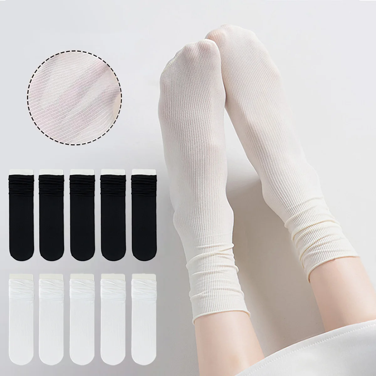 5 Paar Damen-Socken aus dünner Eisseide in Schwarz und Weiß, ultradünne, kühle, durchsichtige Seidensocken für den Sommer