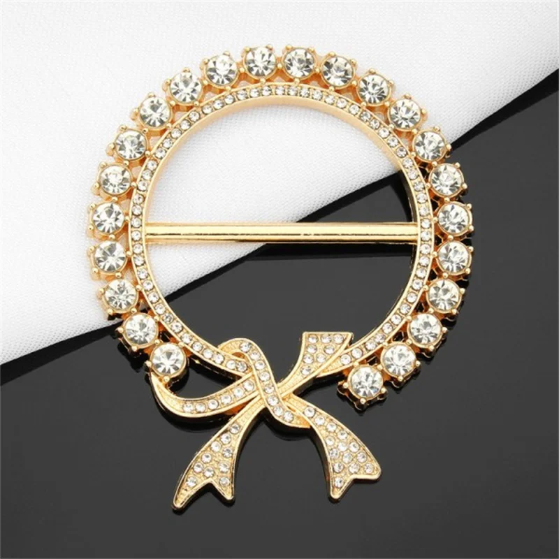 Cute Crystal Bow Brooches Hollow Round Brooch Waist Scarf Silk Buckles T-shirt Hem Knotted Button Ring  Clothing Accessories