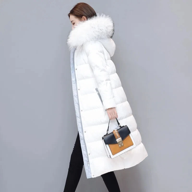 New Winter Korean Version Of the White Down  Women's Mid-Length Slim Fit Warm Hooded Big Fur Collar Thick Coat Womens Tide