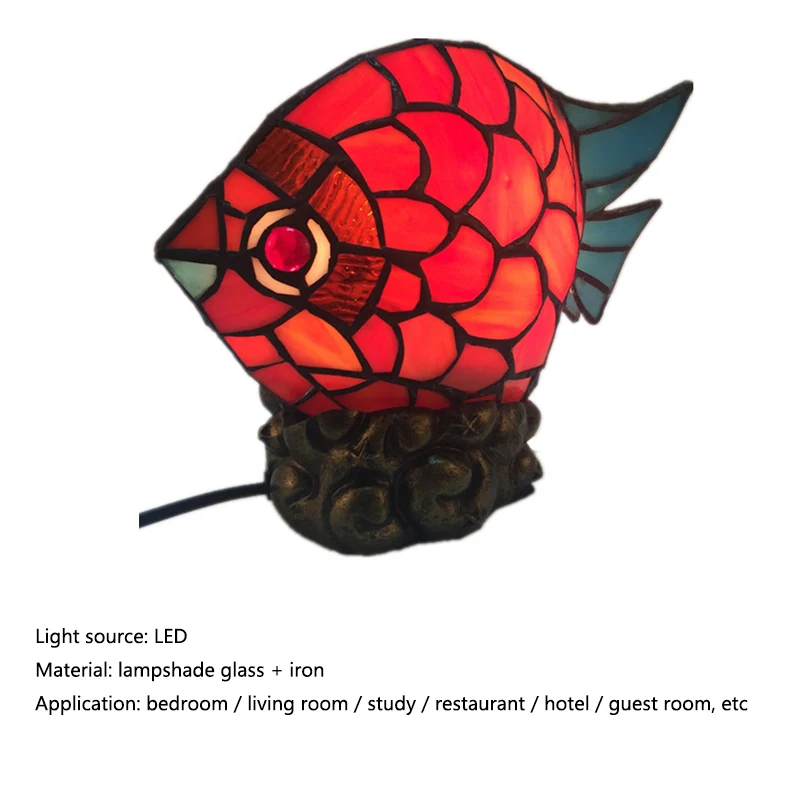 BELLE Tiffany Glass Table Lamp LED Creative Novelty Red Small Fish Desk Light For Home Study Bedroom Bedside Decor