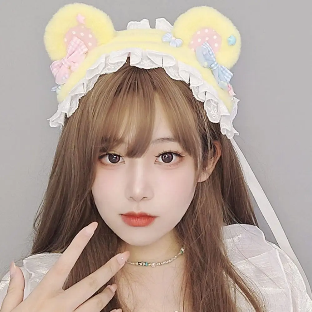 

Funny Bow Cat Ears Headband Lace Furry Bear Ear Hair Band Plush Hair Clip Lolita Bandeau Lolita Accessories
