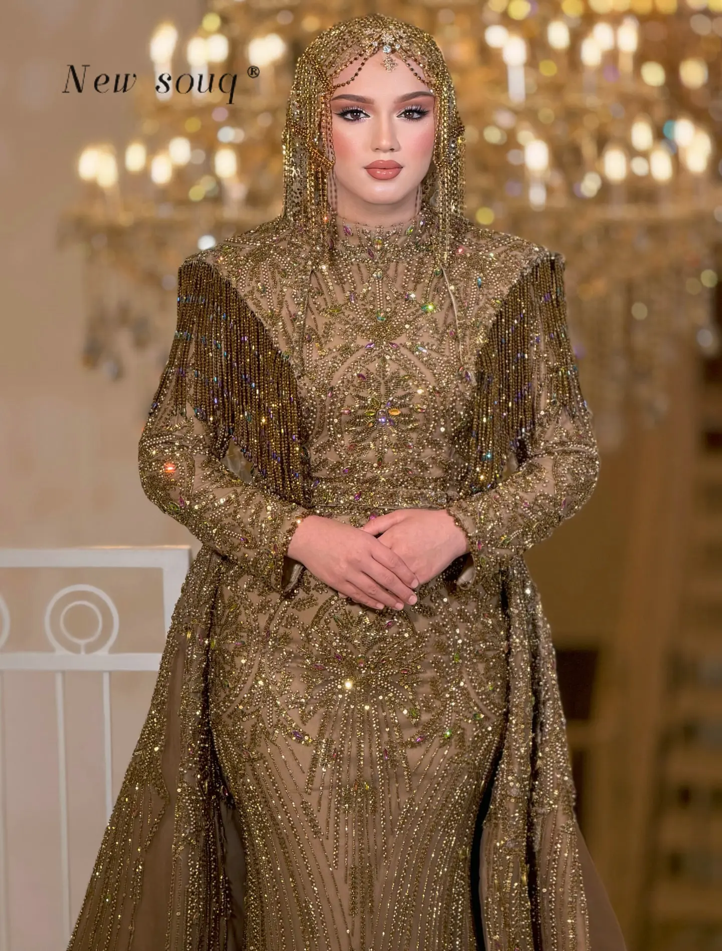 

Middle East Brown Long Sleeves Muslim Evening Dresses Wtih Overskirt Dubai Arabic Beading Fornal Wedding Party Gowns Customized