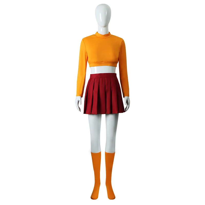 Velma Anime Cosplay Uniforme para Mulheres, Top Laranja, Saia Vermelha, Meias, Óculos, Peruca, Festa de Halloween, Conjunto de Carnaval, Fantasia de Meninas