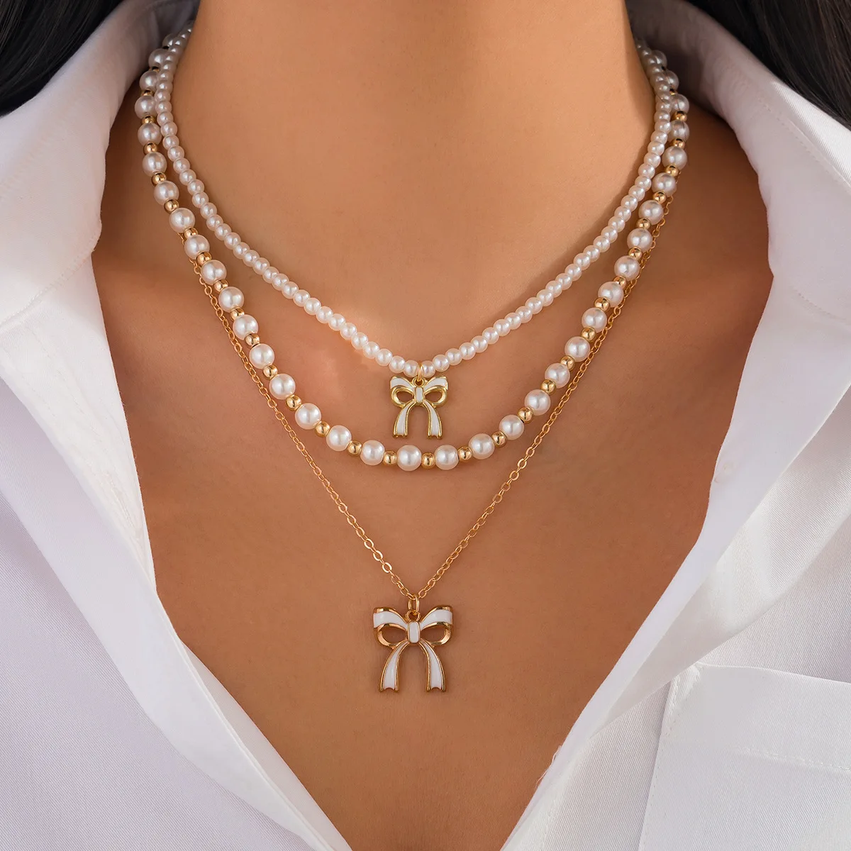 Layered Bow Pendant Necklace with Cream Faux Pearl Beads and Gold Plated Chain Refined Comfortable Versatile Jewelry for Her