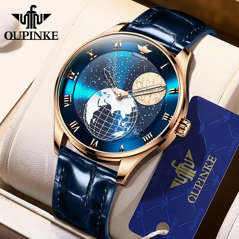 OUPINKE Moon Phase Watch for Men 3D Earth Starry Star Rotating Dial Automatic Mechanical Watches Luxury Brand Men's Moonswatch