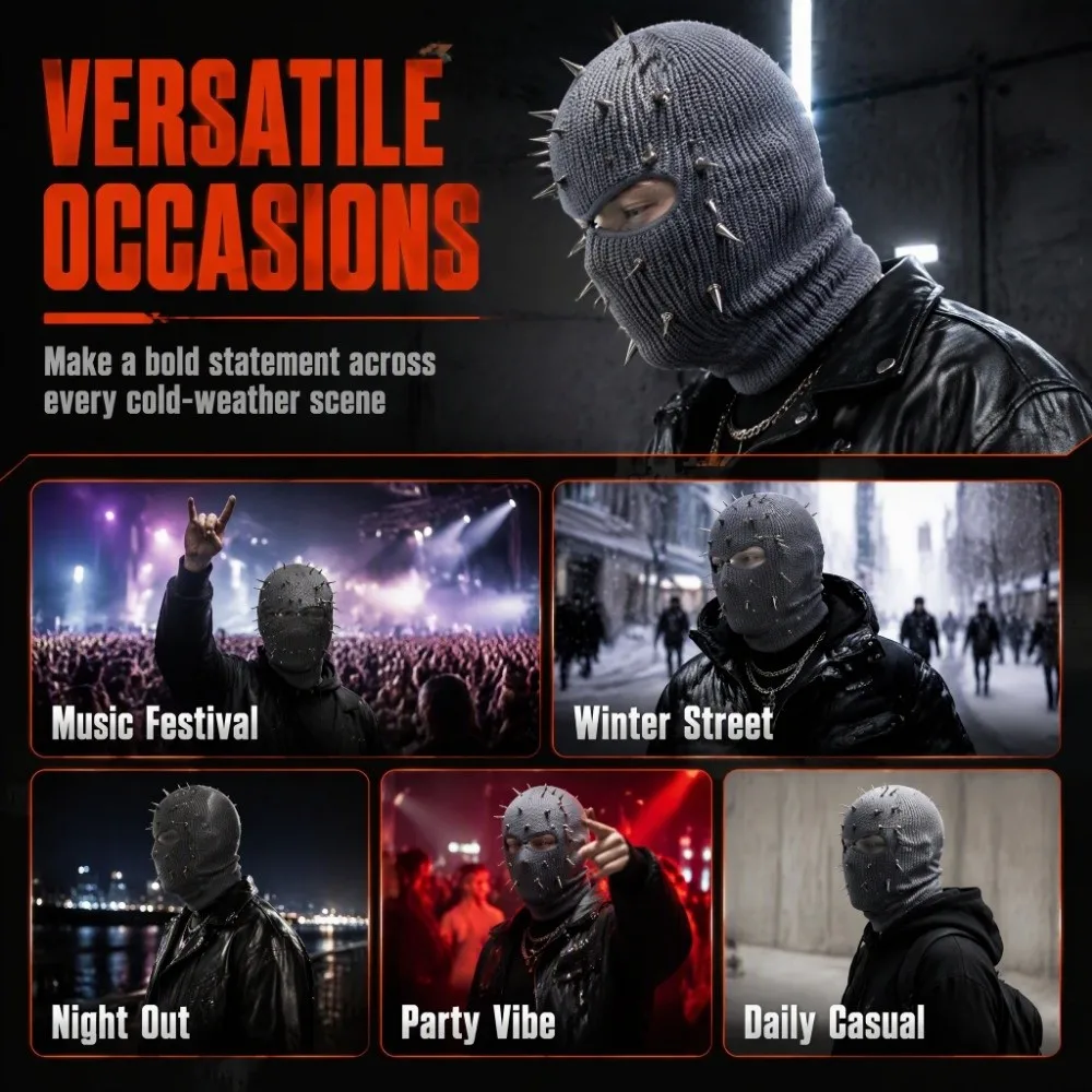 Hip Hop Spiked Knitted Rivet Hat Breathable Lightweight Full Face Mask Stretchable Winter Warm Funny Headgear Motorcycle