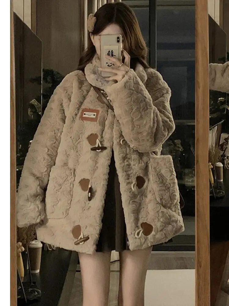 Large Size Women's Furry Lamb Fur Jaet Rabbit Velvet Leather Cotton Coat Winter Loose One-Piece Stand Collar Button up Long...