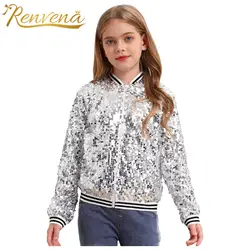 Kids Girls Sequin Jackets Children Long Sleeve Zipper Coat Outerwear for Performance Jazz Dance Party Costume Fashion Streetwear