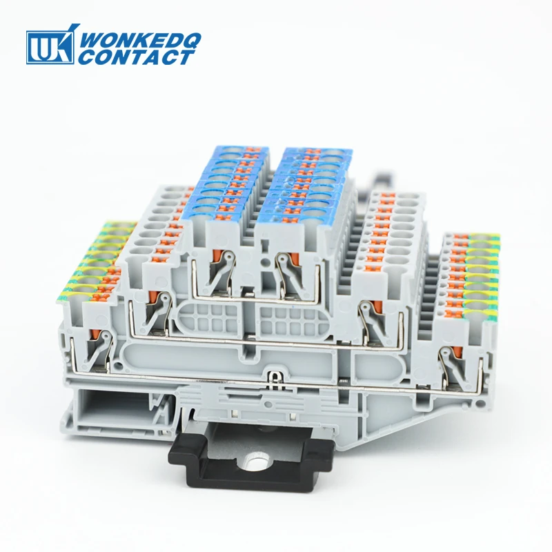 10 szt. Złącze uziemienia na szynę DIN PT 2.5-PE/L/N, 3-poziomowe, montowane od dołu, modułowe, z wtyczką push-in, do przewodów 2.5mm², zabezpieczenie elektryczne.