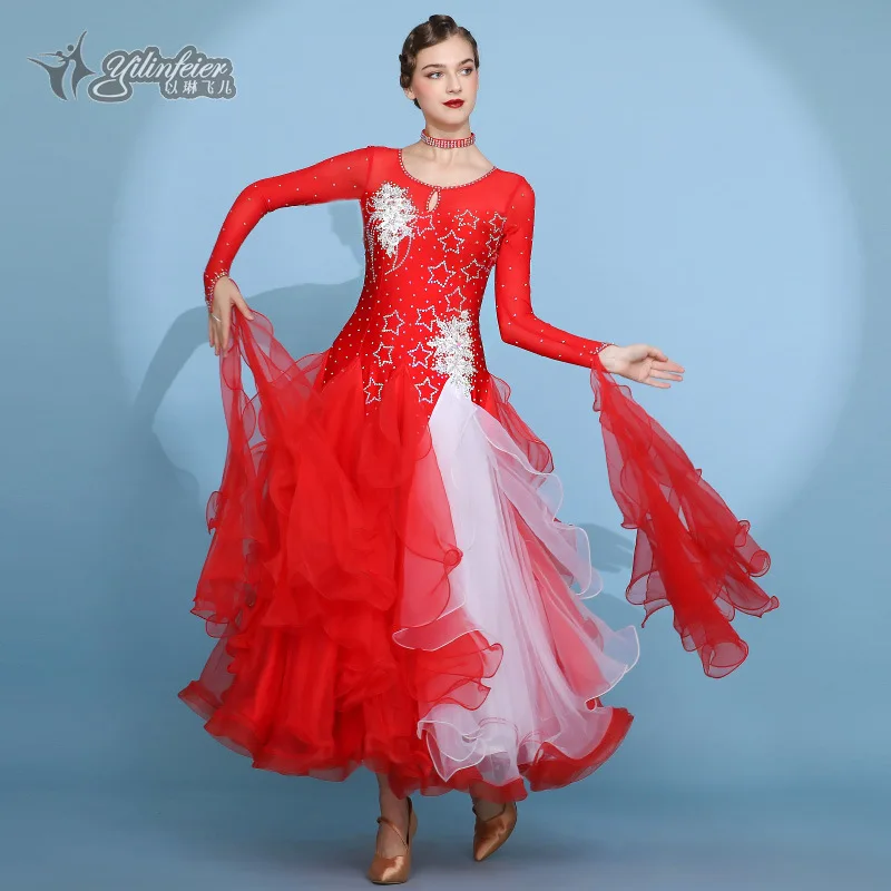 New Hot sale Women Adult Long Dance Wear Red Woman Flower Costumes custom Ballroom Dancing Dress