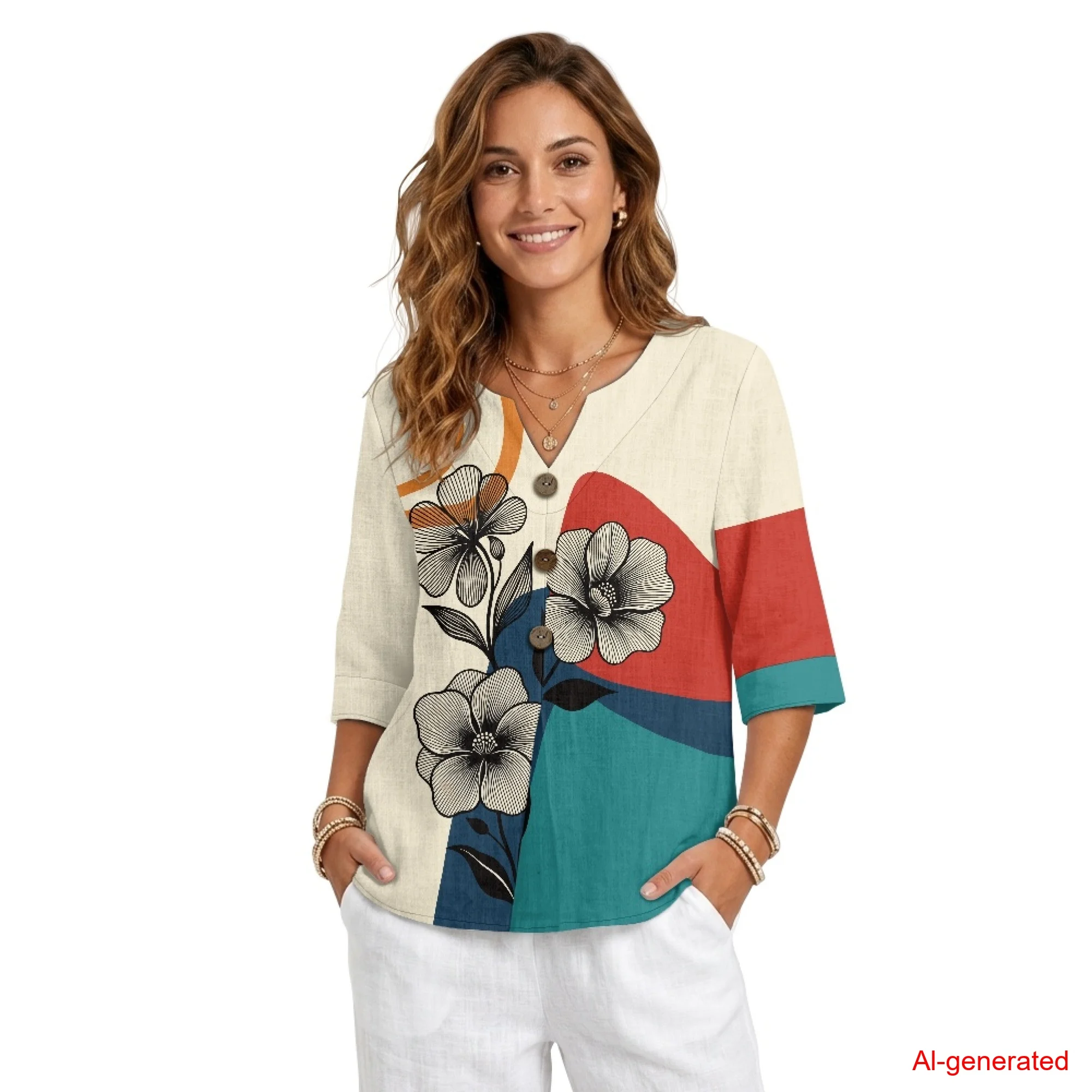 

INSTANTARTS Women's Linen Short-Sleeved Shirt S-3XL V Neck Tunic Top 3/4 Length Sleeve Blouse Cozy Casual Loose Fit T Shirts